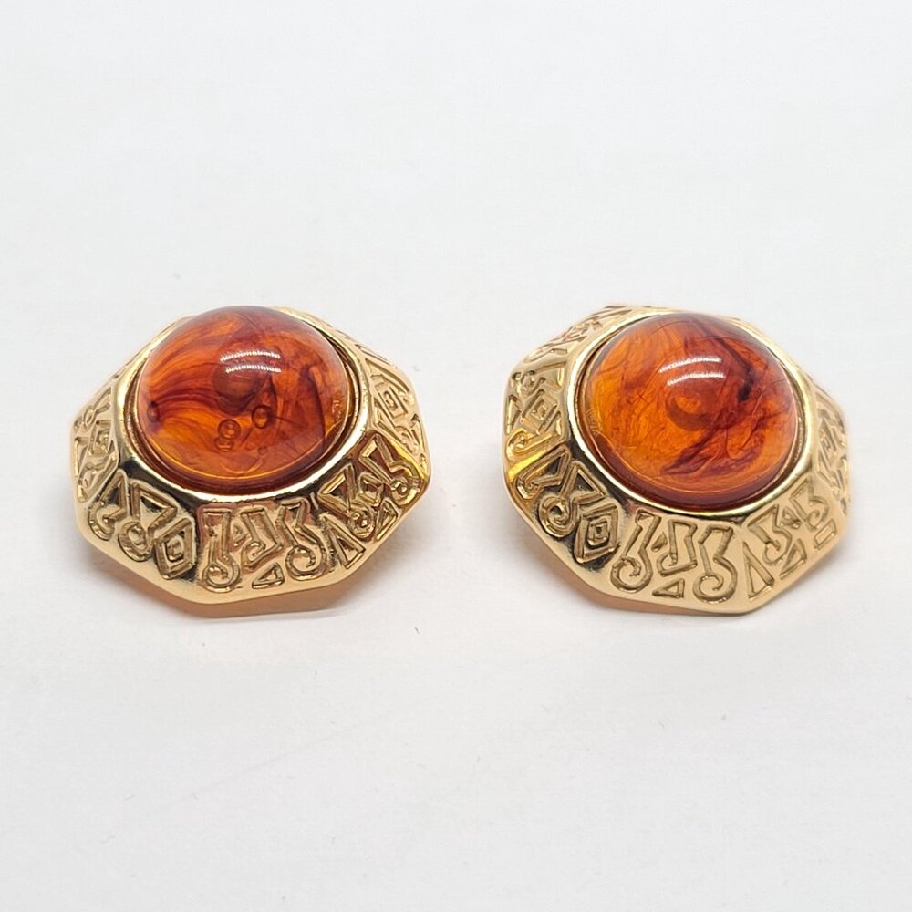 Vintage Clip-On Earrings Faux Amber Swirl Cabochons Gold Etched Hexagon Setting